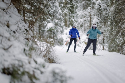 Bild: Cross-country skiers enjoying a peaceful trail through snowy forests and valleys